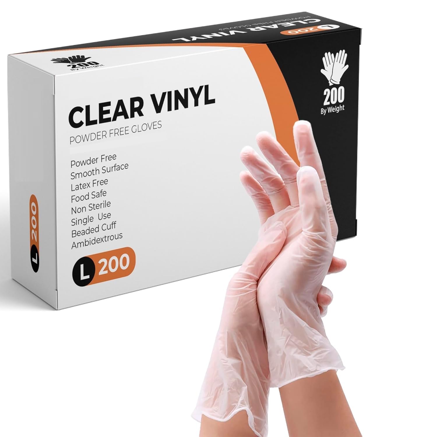 PRAIMA Clear Vinyl Gloves, 200 Count, Clear Disposable Gloves (200, Large)