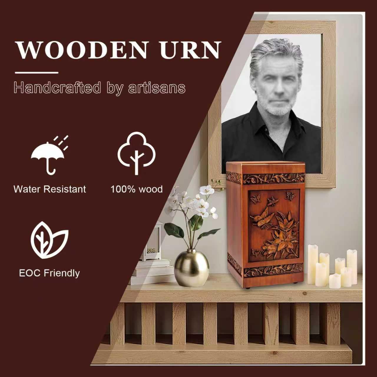 Wooden Urn for Ashes Adult Male Female,Decorative Burial Funeral Memorial Urn, Burial Casket Keepsake with Velvet Bag (Brown, 10, Butterfly and Rose)