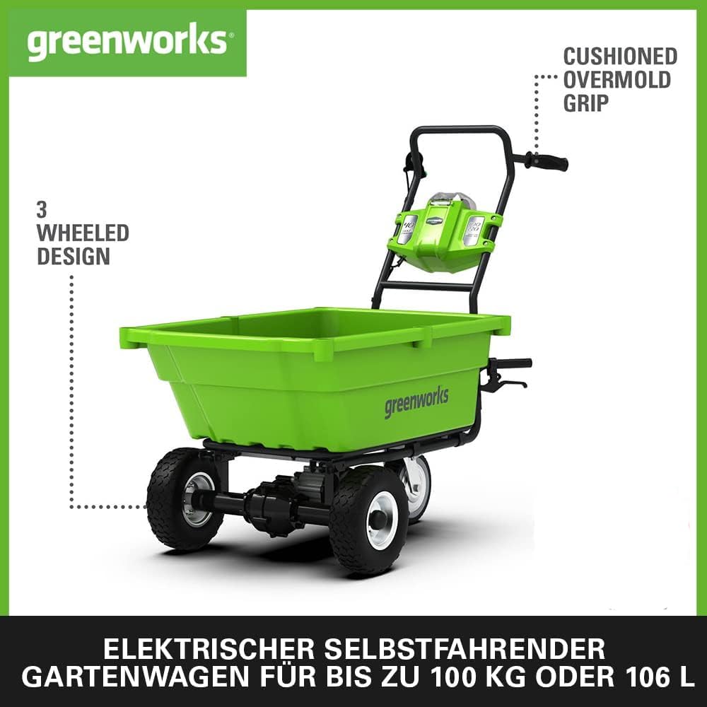 Greenworks G40GC Chariot/brouette électrique autotractée 106L/100kg, basculement Facile, sans Batterie/Chargeur + Kit 40V 4Ah + Chargeur 2A GSK40B4 + Batterie 40V 5Ah G40B5