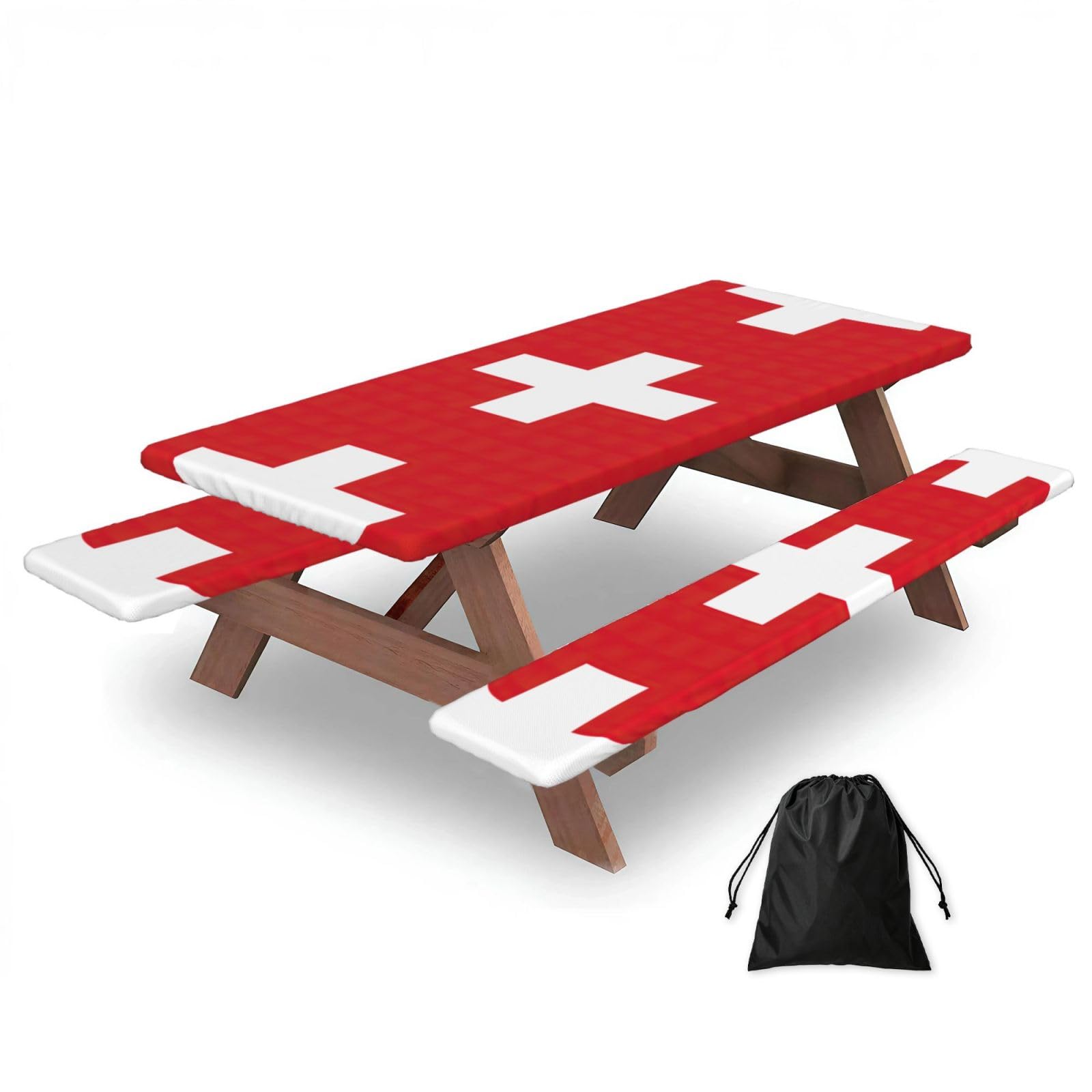 Duwaa Black Swiss Flag Print 183Cm Picnic Table Cover With Bench Covers, Waterproof Elastic Tablecloth Set For Outdoor