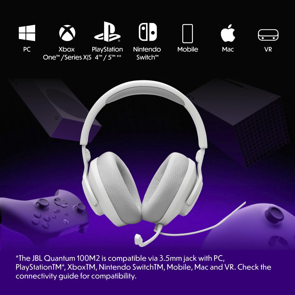 JBL Quantum 100M2 - Auriculares para Juegos con Cable omnidireccional, micrófono Desmontable con opción de Silencio y Almohadillas de Espuma viscoelástica Cubiertas de Tela, compatibles con Todas Las