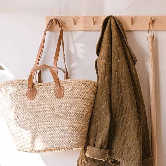 Bolso de mimbre francés con asas dobles de cuero plano miniatura 2