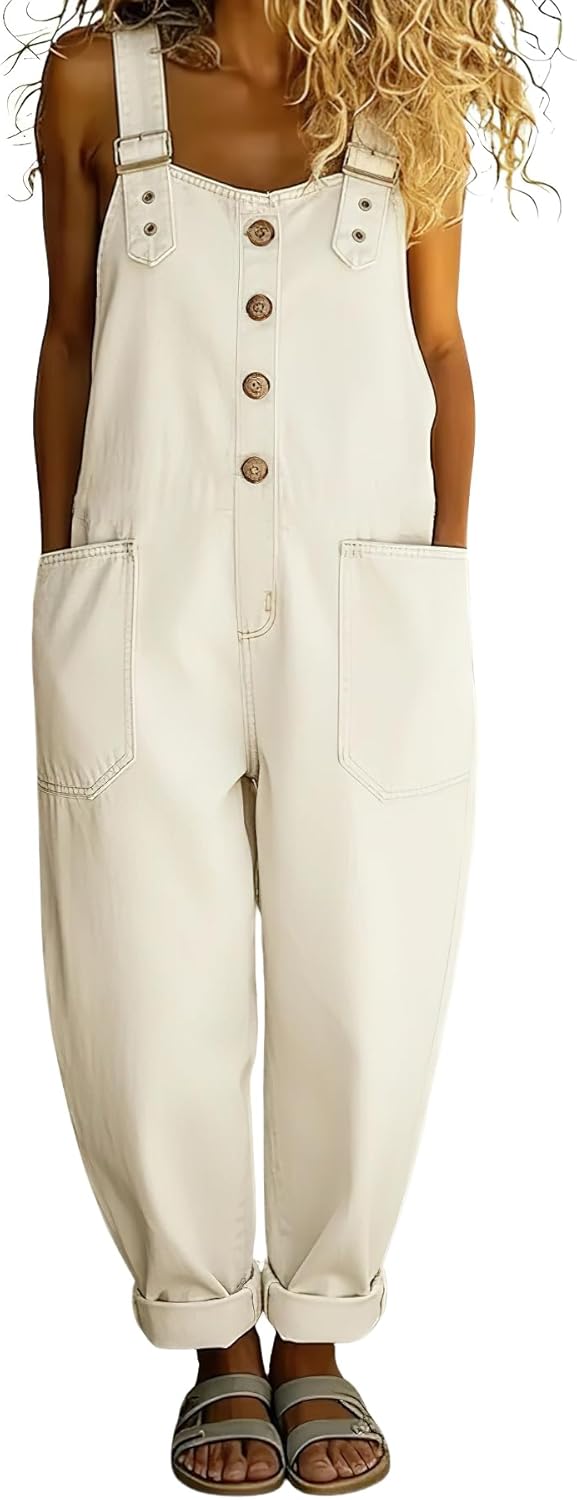 chouyatou Women's Y2K Denim Bib Overall Pants Button Front Wide Leg Jean Jumpsuits Vintage Loose Romper