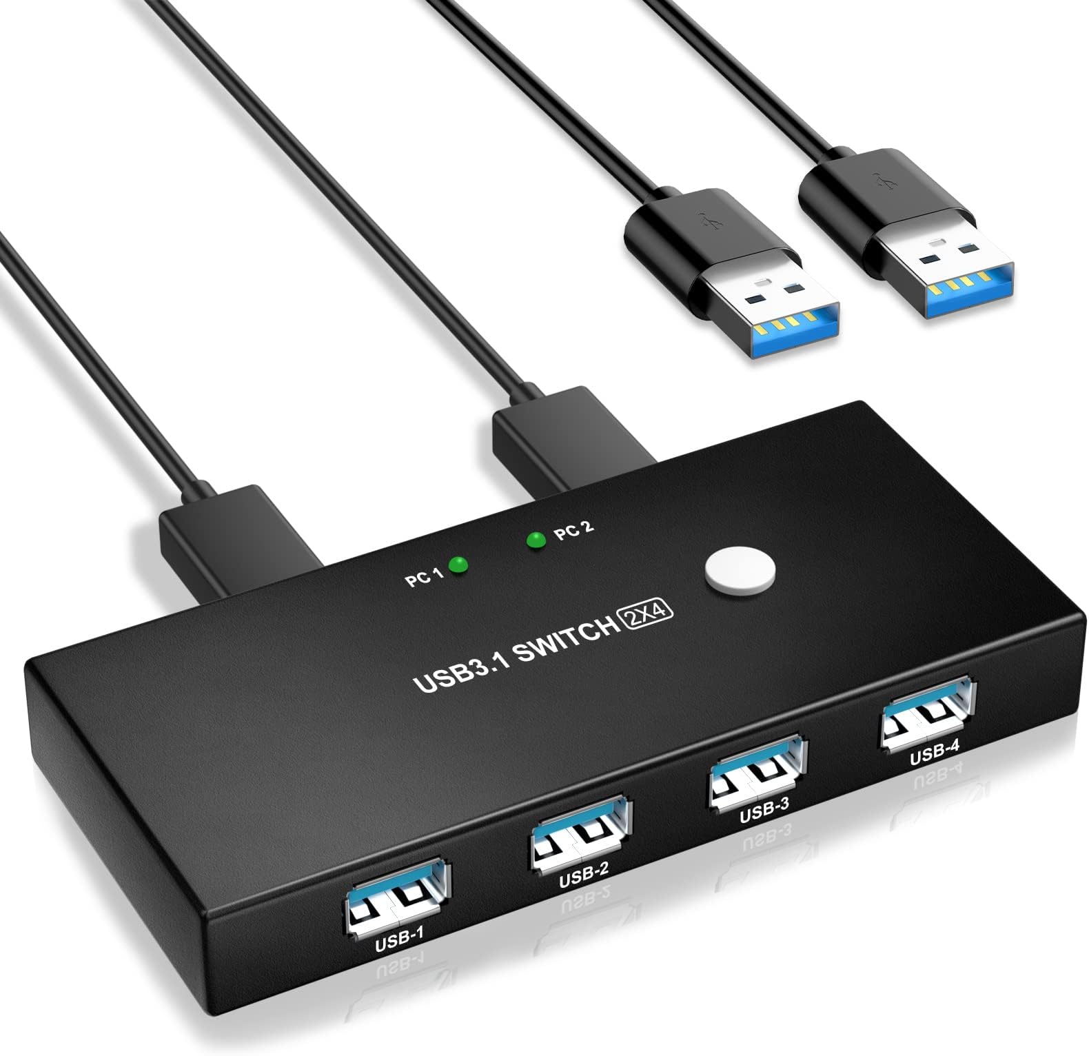 USB 3.0 Switch, 2 In 4 Out USB Switcher 5Gbps High-Speed Peripheral Sharing Switcher for 2 Computer Share Mouse Keyboard Compatible with Laptop Scanner Printer with 2 Pcs USB 3.0 Cable