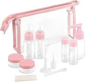 11-Pack Pink Travel Bottles Kit, TSA Approved Leak Proof Portable Toiletry Containers Set, Clear PET Flight Size Cosmetic Containers for Lotion, Shampoo, Cream, Soap