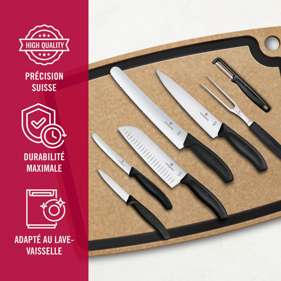 Victorinox Swiss Classic Set de 7 Couteaux de Cuisine, Santoku, Noir | Idéal pour viande, pain, légumes et fruits, lames en acier inoxydable avec manches ergonomiques, Swiss Made