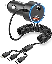USB C Car Charger Adapter, 90W iPhone Car Charger Cigarette Lighter Adapter PD&QC3.0 Car USB Charger 2 Port Fast Charge with 3 in 1 Cable for Samsung Galaxy S23 S22,iPhone 15 Pro Max 14 13 12
