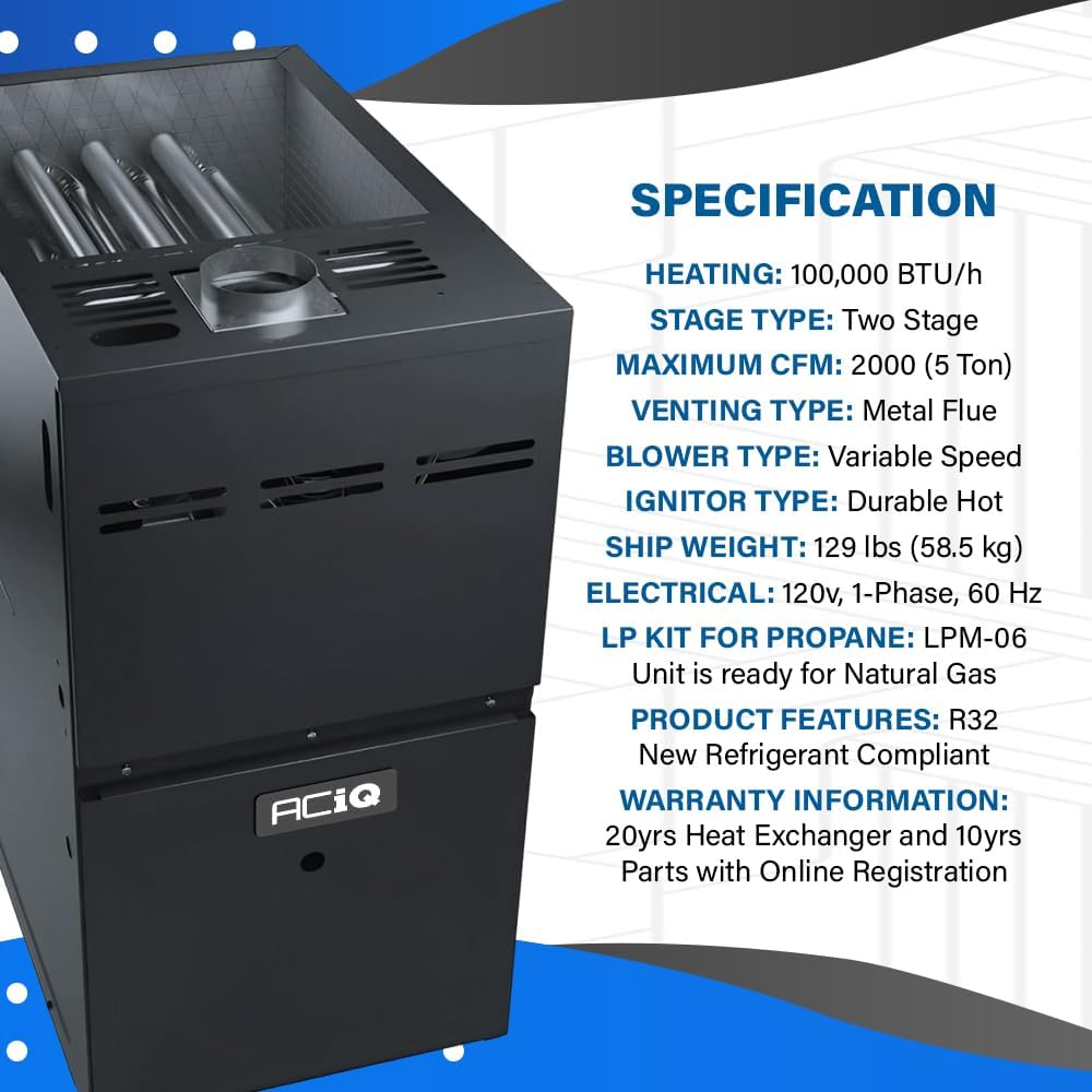 ACiQ 80% 100,000 BTU Two Stage Gas Furnace with LP Kits - 21" Width - Downflow/Horizontal | R32, Variable Speed, HVAC Low NOx Heater