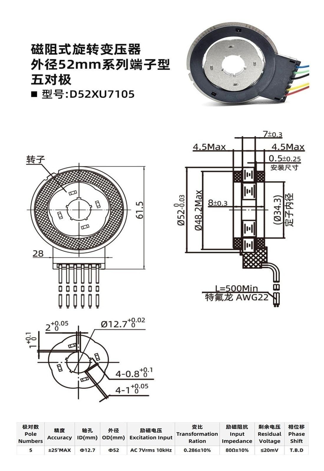 Trasduttore rotazionale magnetoresistivo D52XU7105, tipo con terminale, diametro esterno 52 mm Serie