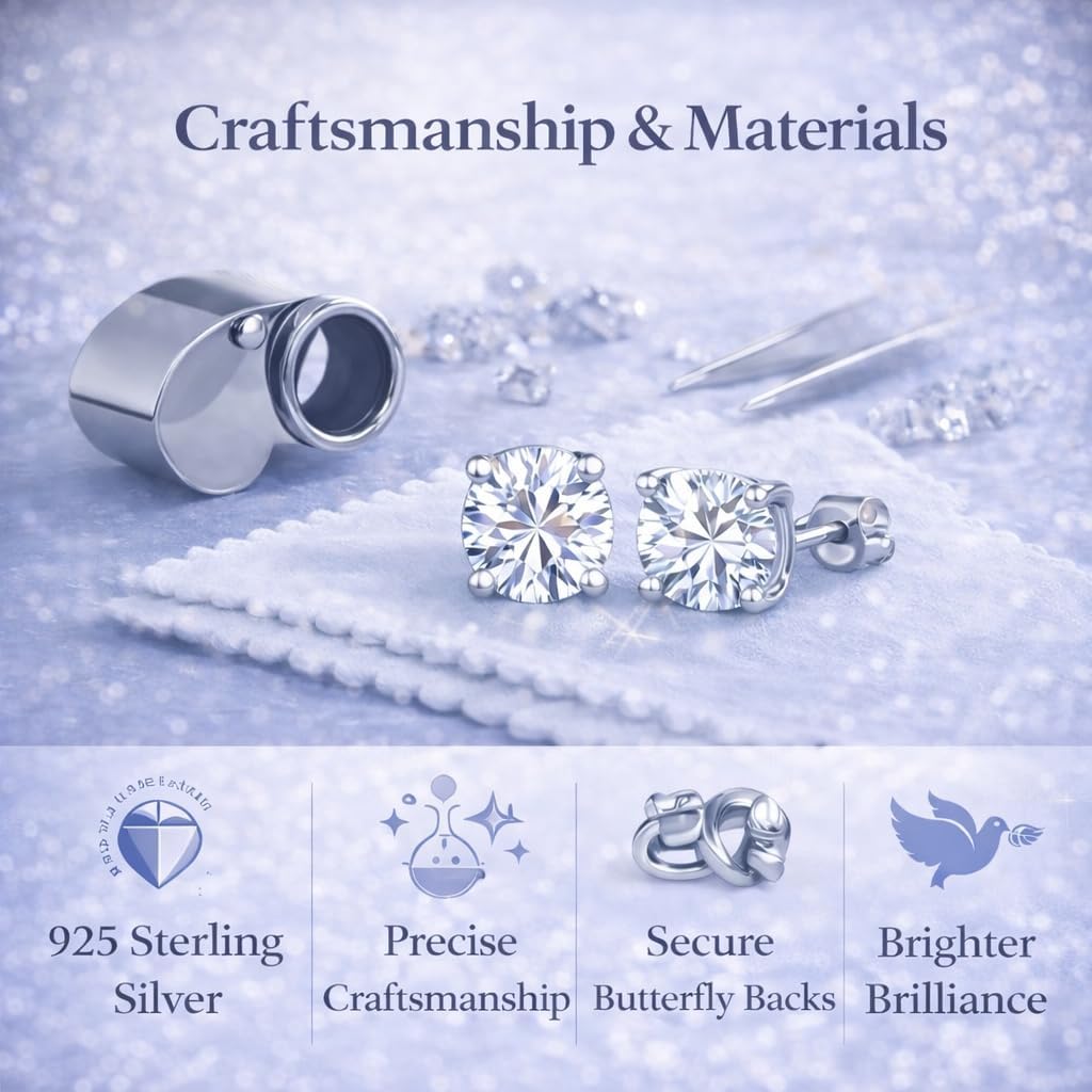 Moissanite Earrings for Women, D Color VVS1 Lab Created Round Cut Stud Earrings, 925 Sterling Silver with White Gold Plating, Hypoallergenic Push Back