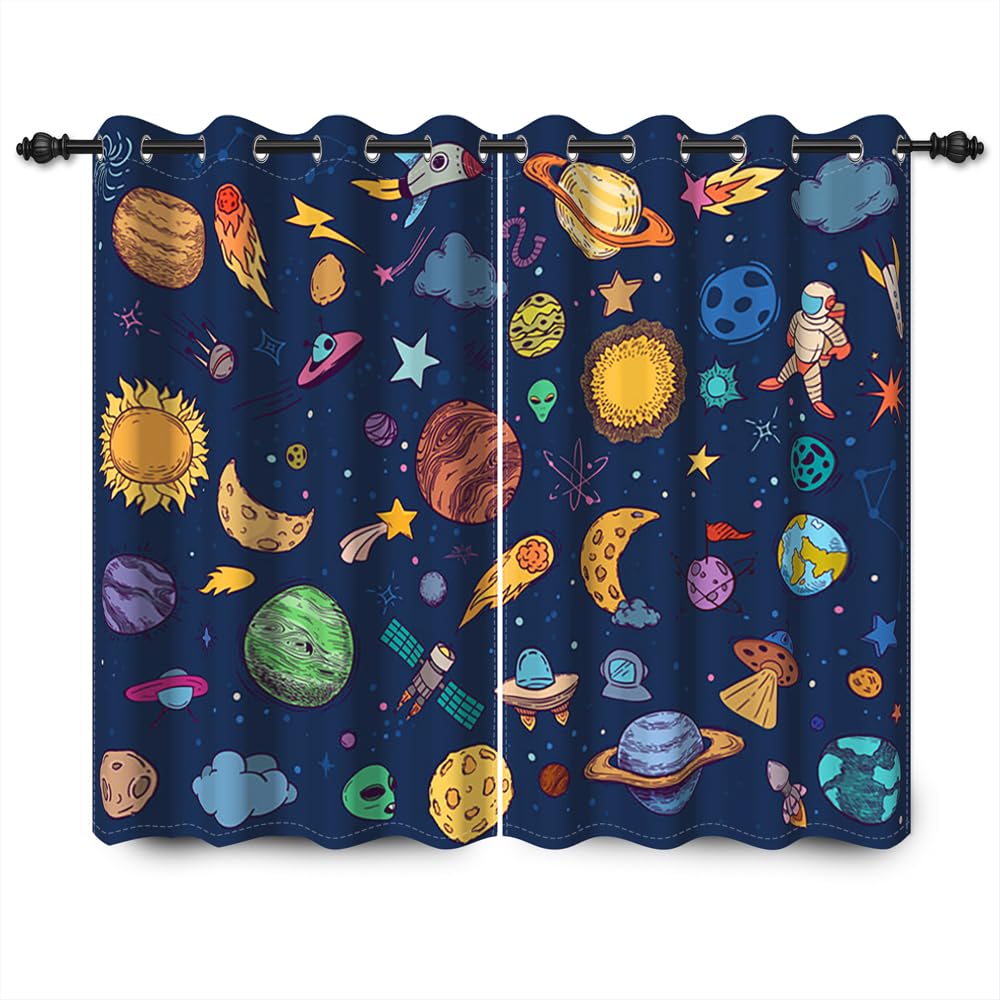 YongFoto 117x138cm Dibujos Animados Patrón Cortinas Opacas Astronauta Cohete Estrellas Galaxia Cósmica Planetas Sistema Solar por Sala Dormitorio Infantil Cortinas de Ventana, 2 Paneles con Agujeros