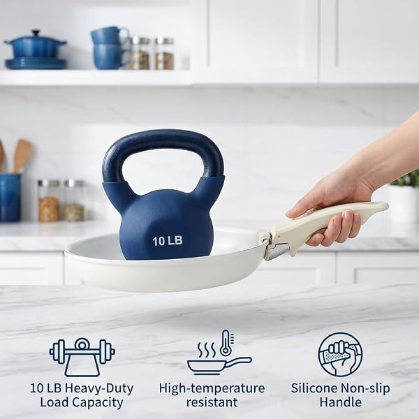 XINML Poignée Universelle Amovible, Tension Réglable, Résistante à la Chaleur jusqu’à 250°C, Manche en Acier Inoxydable avec Silicone Antidérapant, Robuste et Durable, pour Sets de Cuisine (Blanc) - 5