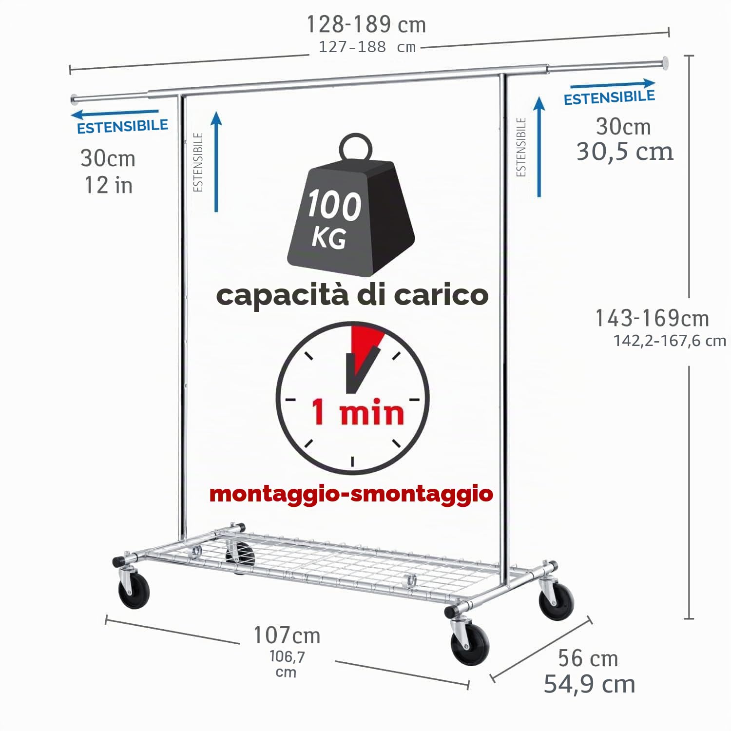 Tatkraft Duncan - Robusto Stand Appendiabiti Professionale, Portata 100 kg | Stender Appendiabiti con Ruote, Pieghevole, Regolabile 128-189x107x143-169cm, Montaggio 1 min, con Scarpiera, Acciaio Cromato