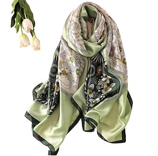 First Choose 100% Pure Silk Feeling Women Large Long Beach Scarf Shawl Check Style Sunscreen Shawls Wraps-Lightweight Floral Pattern (Grass Green)
