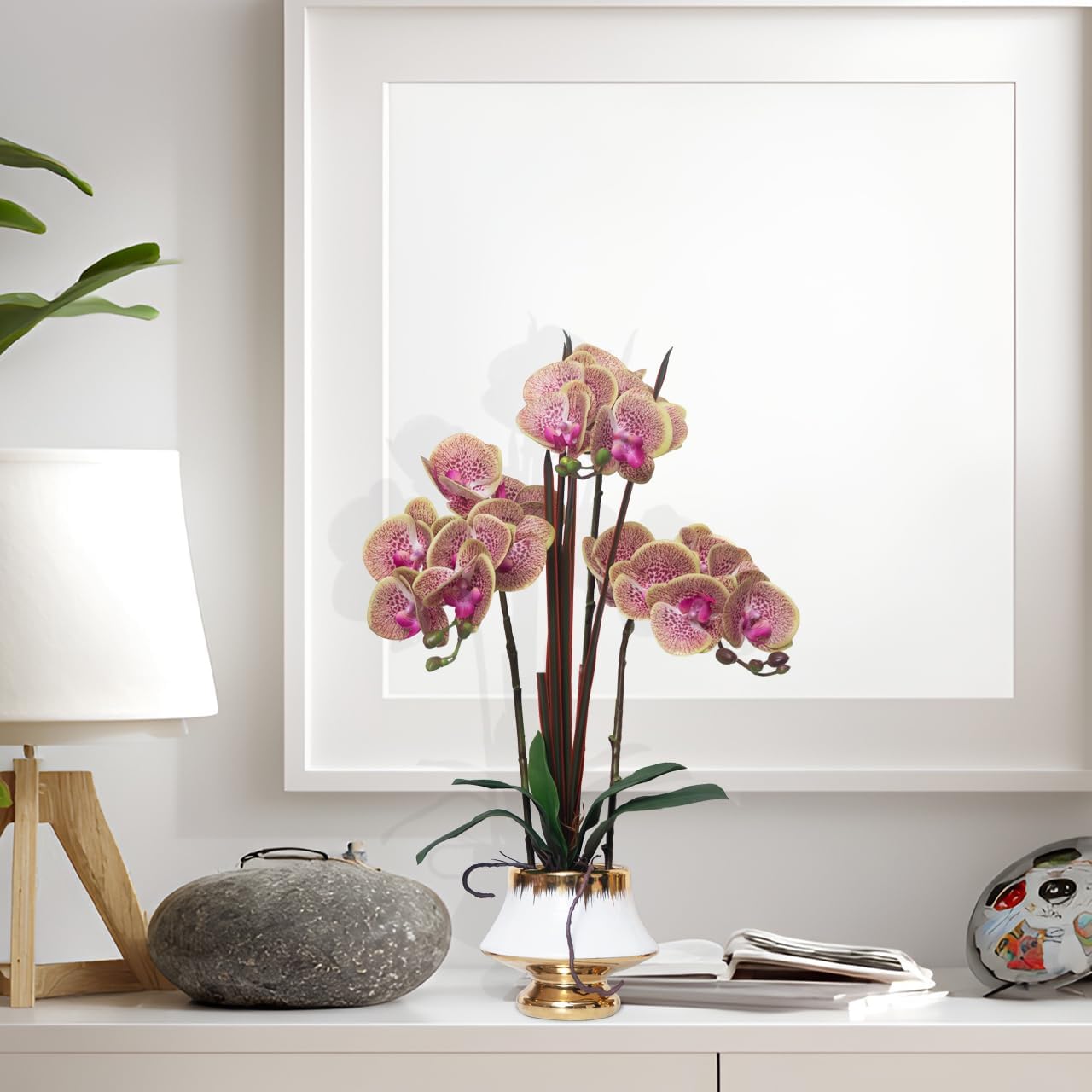 CXGS Orchids Artificial Flowers Real Touch Fake Flower in Ceramic Pot 20" Purple Dapple Faux Orchid Plant Lifelike Silk Phalaenopsis for Centerpiece Hotel Home Indoor Decor