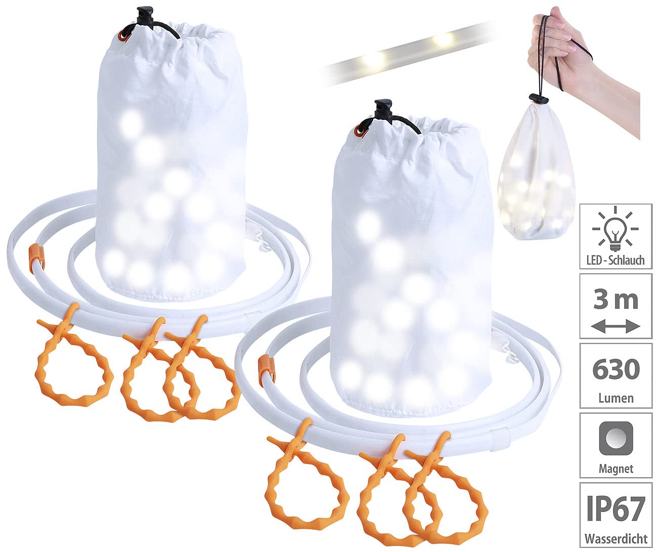 Lunartec Lichtschlauch 2er-Set 2in1 Outdoor USB LED 90 LEDs 630 lm IP67