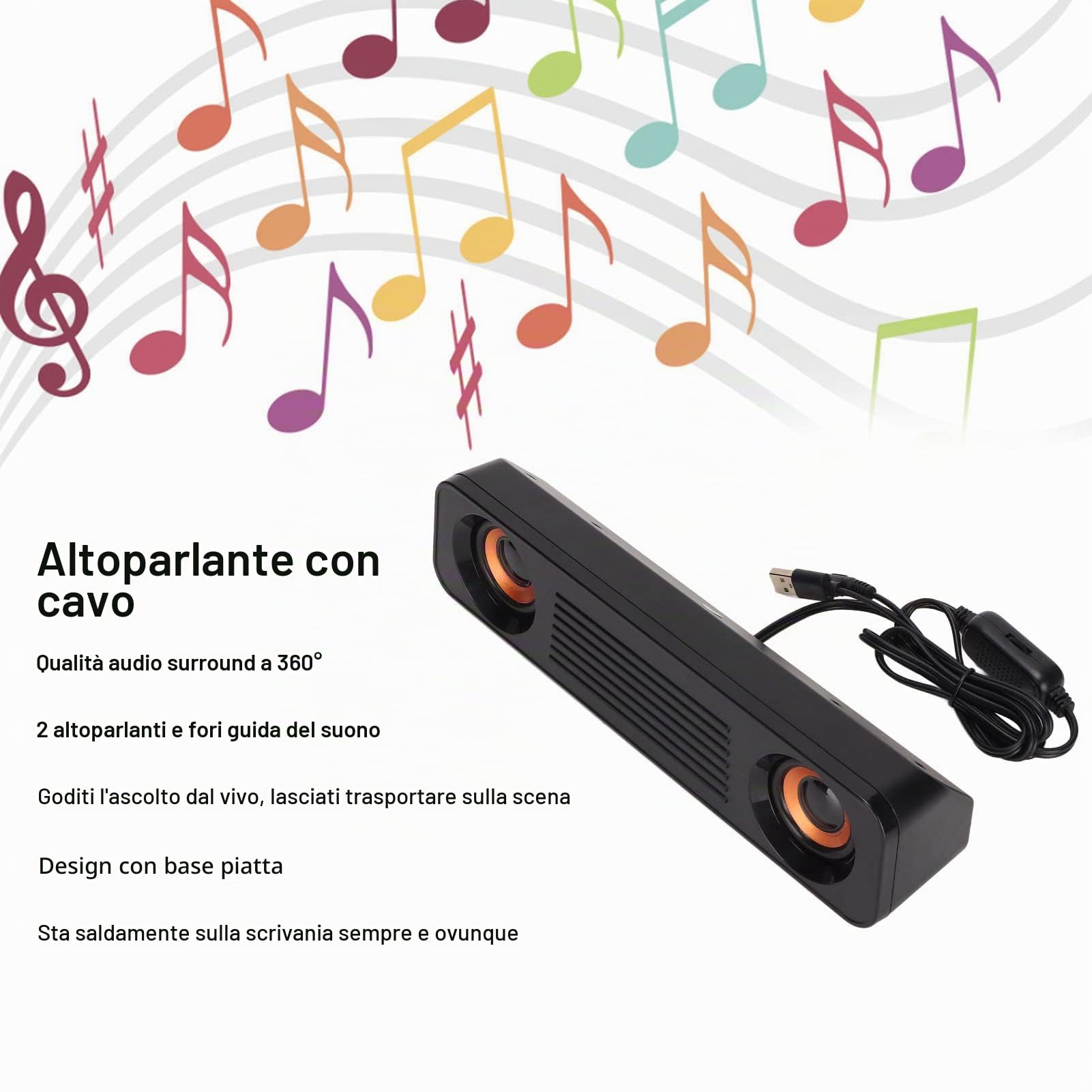 Soundbar per TV, Altoparlante Cablato Portatile Subwoofer Stereo HiFi Altoparlante Lungo da Tavolo Alimentato Tramite USB Spina da 3,5 Mm Altoparlante Cablato per Tablet