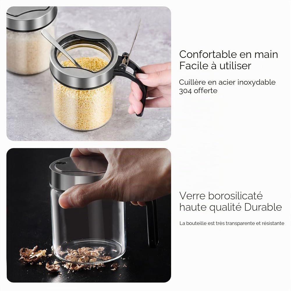 Lot de 4 pots à épices rotatifs avec couvercle et cuillère - Avec compartiment rotatif à 360° - Pour la cuisine