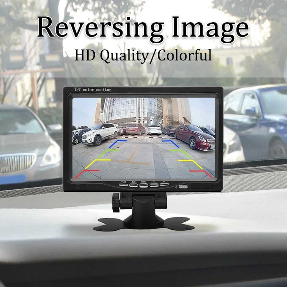 Monitor de Coche de 12V y 7 Pulgadas, Monitor Retrovisor LCD 16:9 800x480 con Entrada de Vídeo de 2 Vías para Cámara de Visión Trasera, Estacionamiento en Marcha Atrás