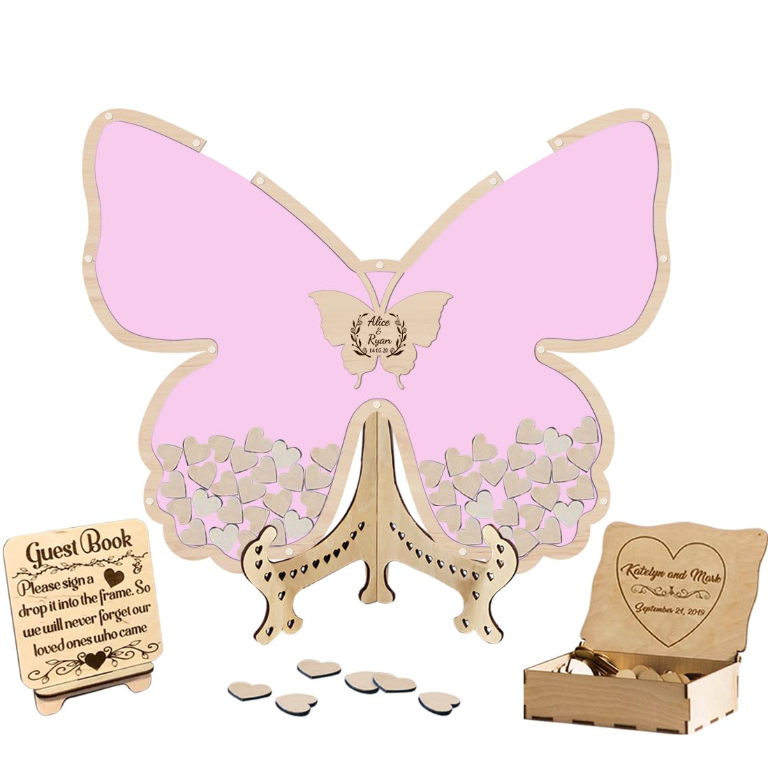 Ozinna - Libro de invitados de boda con mariposas personalizado, libro de invitados rústico para la recepción de invitados para firmar con borde de mariposa de madera (#-7 rosa)