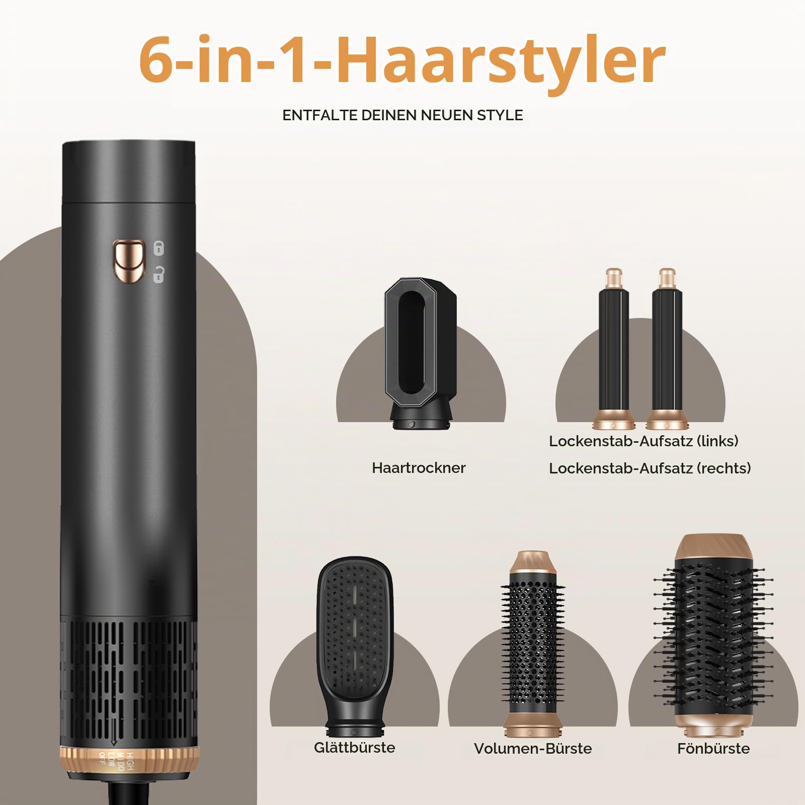 MogaWave Hairstyler Föhnbürste 6 in 1, 60000RPM Haartrockner Bürste, Lockenstab mit Luft Links/Rechts,3 Temperaturregelung,Airstyler Set,Sie dem Haar Volumen, Locken und Föhnen Sie Trockenes Haar