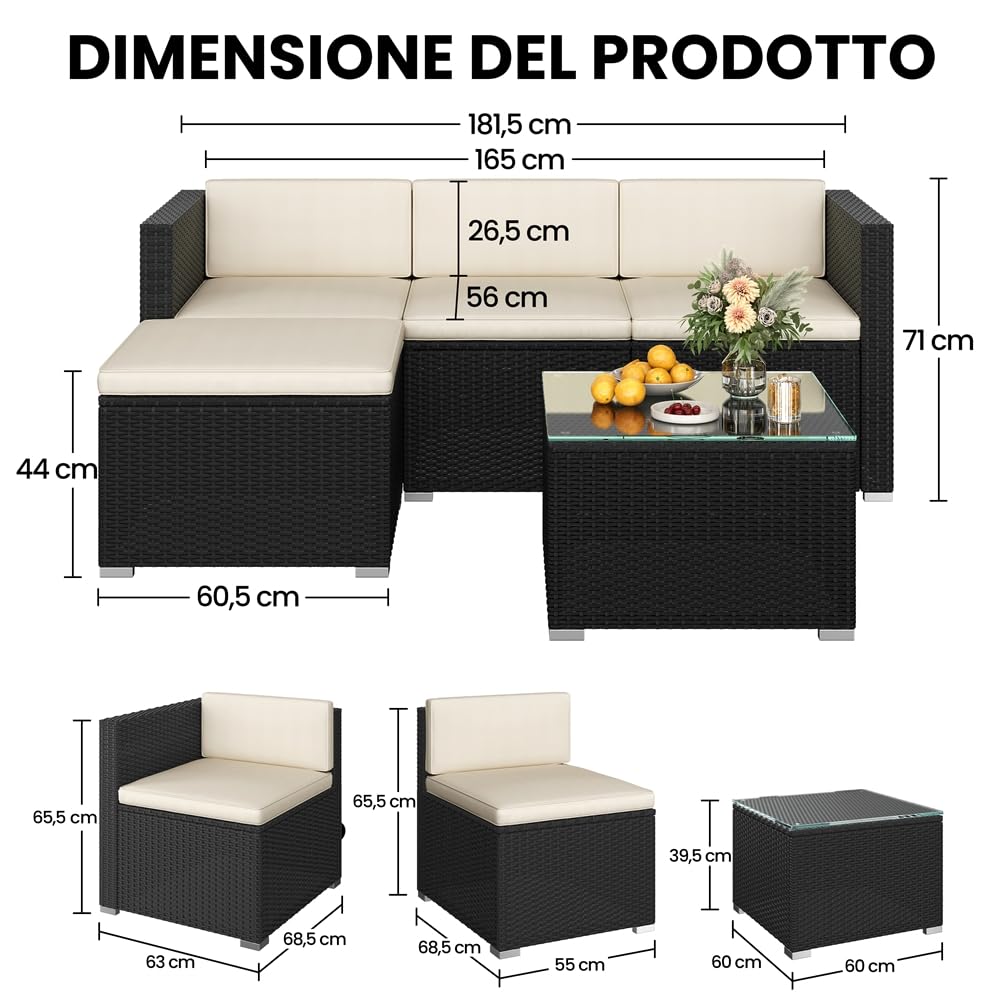 Yaheetech 5 Pezzi Set Mobili da Giardino Rattan PE con Cuscini Tavolo Laterale Nero Beige