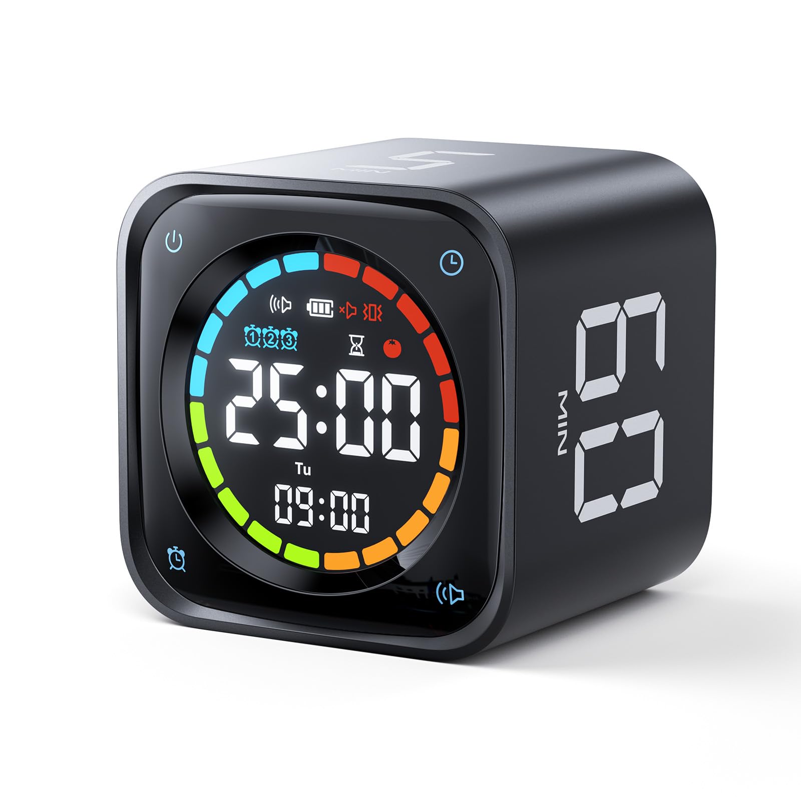 Ticktime TK3 Temporizador Pomodoro con Presets 5/10/30/60 Min, Cuenta Regresiva, Cronómetro y Reloj LED, 3 Alarma, Vibración/Silencio/Sonido, Recargable, para TDAH Oficina Estudios Tareas, Negro