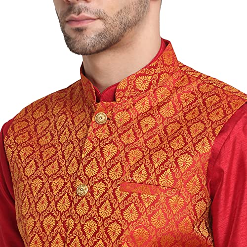 Image of KRAFT INDIA Mens Gold Silk Blend Kurta and Churidar Set With Jacquard Paisley Nehru Jacket