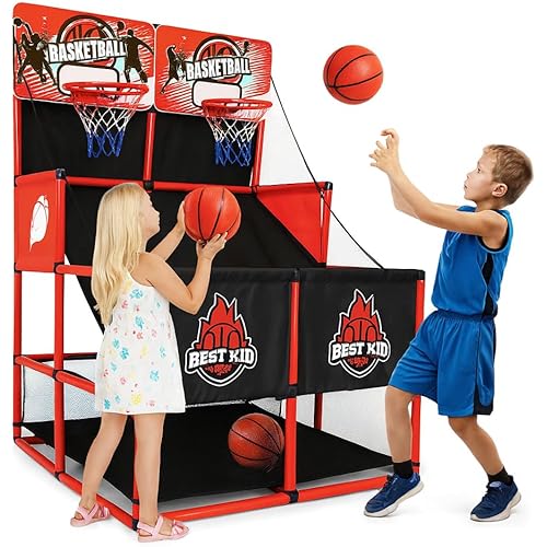 BESTKID BALL Kids Basketball Hoop Double Shot System Arcade Game Set: Indoor & Outdoor Sports Toys for Boys & Girls, Includes Ball & Shot Counter, Ideal Party Gifts for Little Athletes Ages 3-9.