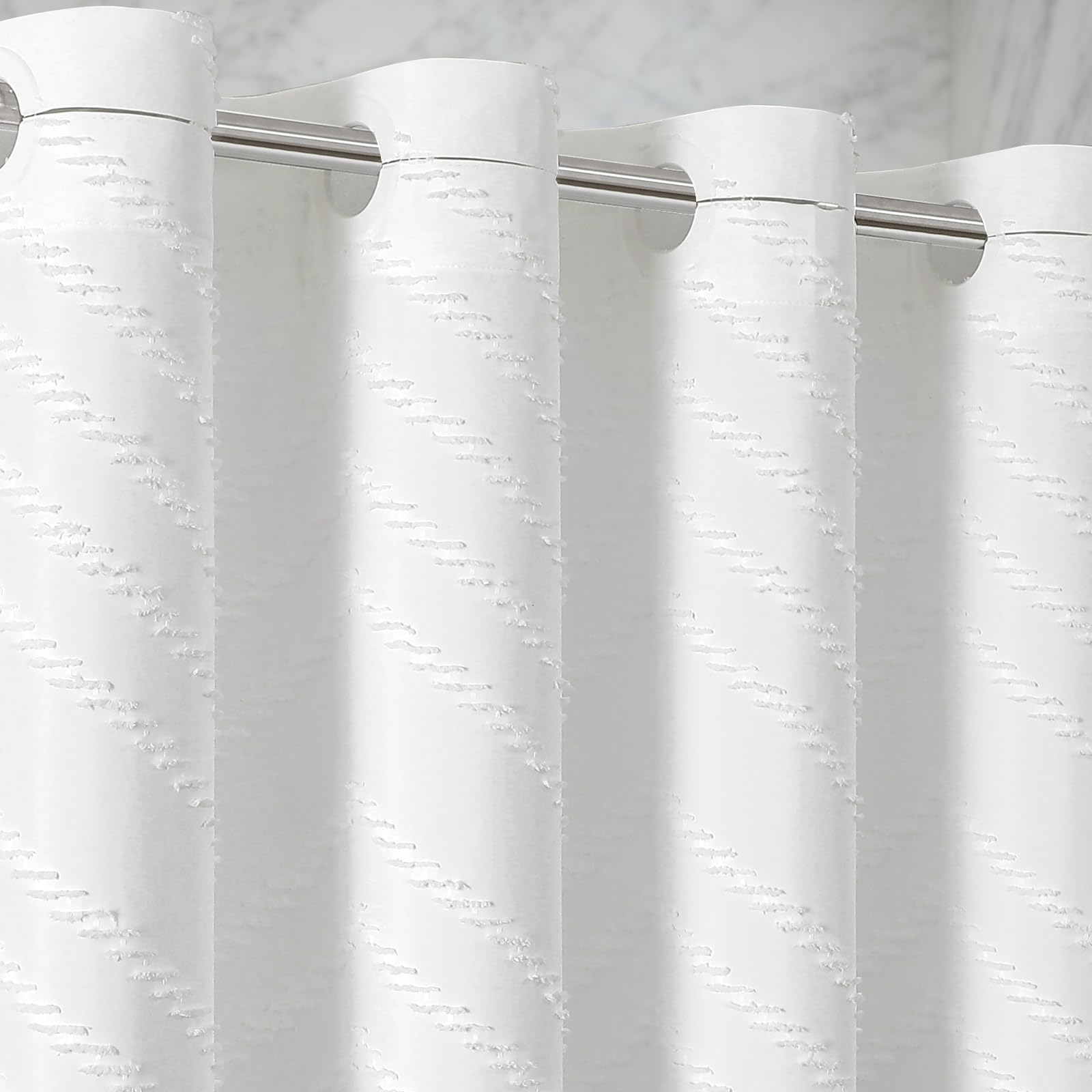 Zemyovia White No Hooks Boho Shower Curtain, Tufted Chevron Design, Waterproof, 180 x 190 Luxury Hotel Spa Style for Bathroom, Easy Install Split Grommets, Machine Washable, Weighted Hem