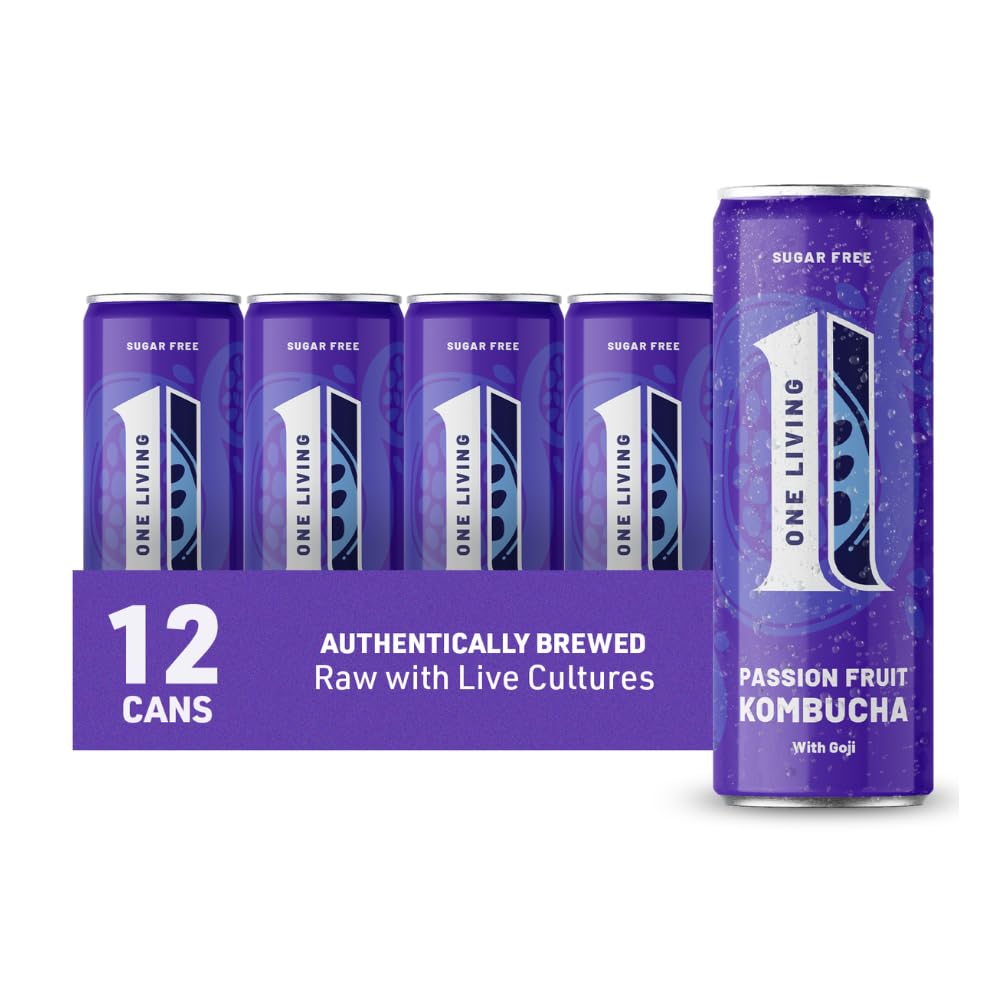 One Living Kombucha Drink – Passion Fruit & Goji – 12 x 250ml Cans – Sugar Free, Great Tasting Authentically Brewed Kombucha with Live Cultures