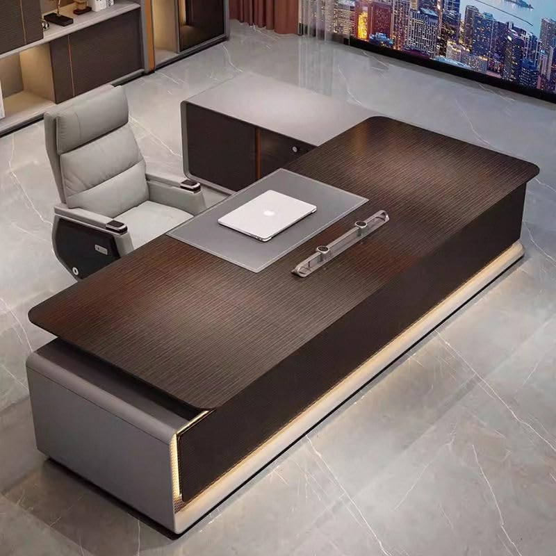 Image of Luxury Executive Office Desk with Side Storage Cabinet, Premium CEO Manager Table in Dark Walnut Finish for Modern Office Cabin & Workspace Furniture (LDL-792 MDFL L8W3)
