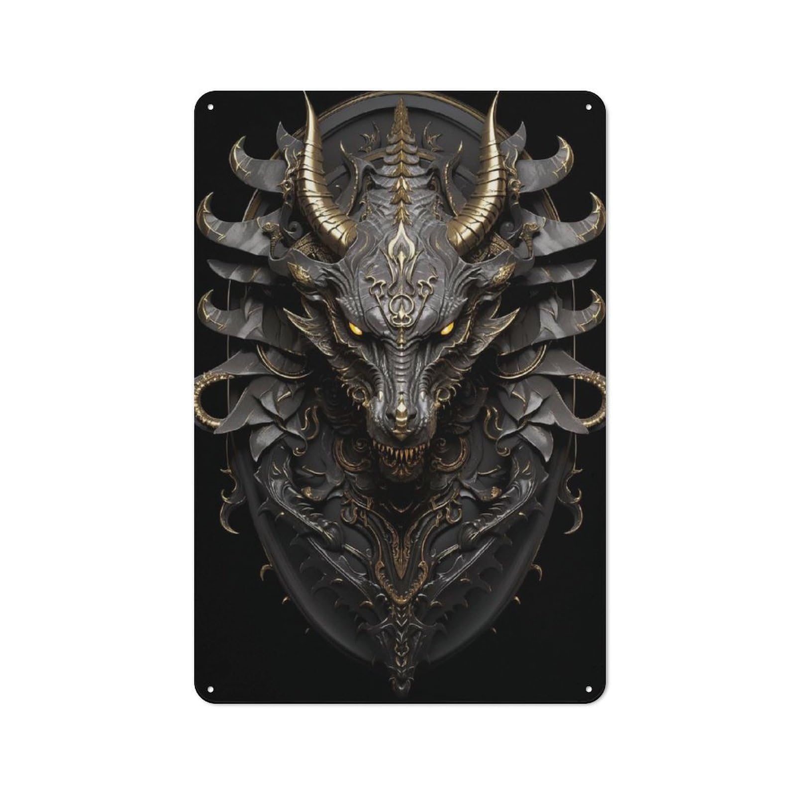 Junmoney Style-18 Garden Style Black Golden Devil Dragon Tin Sign 30X20cm, Porch Wall Decor For Patio Bar, Workshop, Shed Or Kitchen