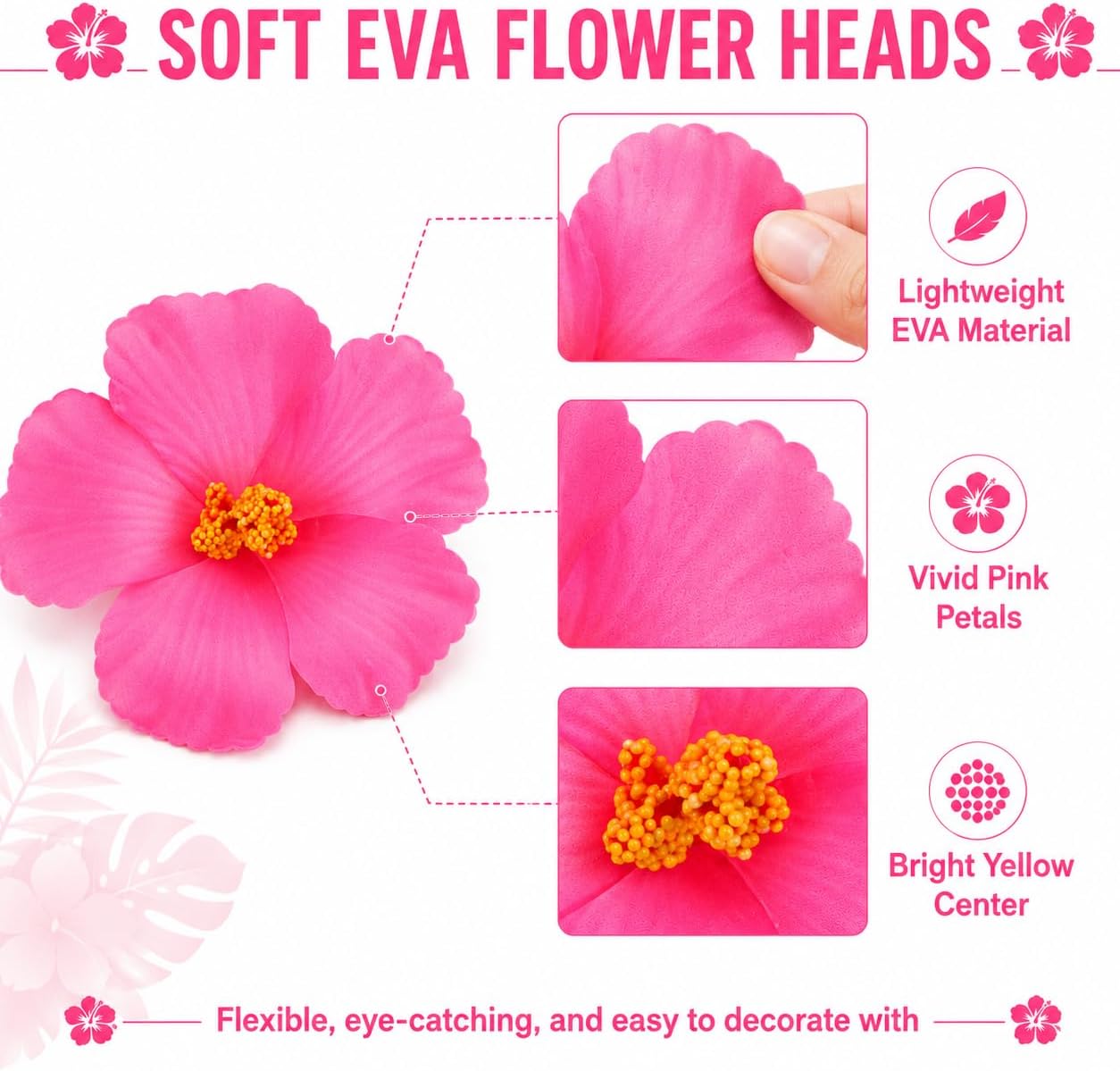 HOMSFOU 10PCS Hawaiian Hibiscus Artificial Flowers for Luau Party Decorations - Tropical Faux Floral Set for Table Centerpieces, DIY Crafts, and Summer Theme Events (Pink)