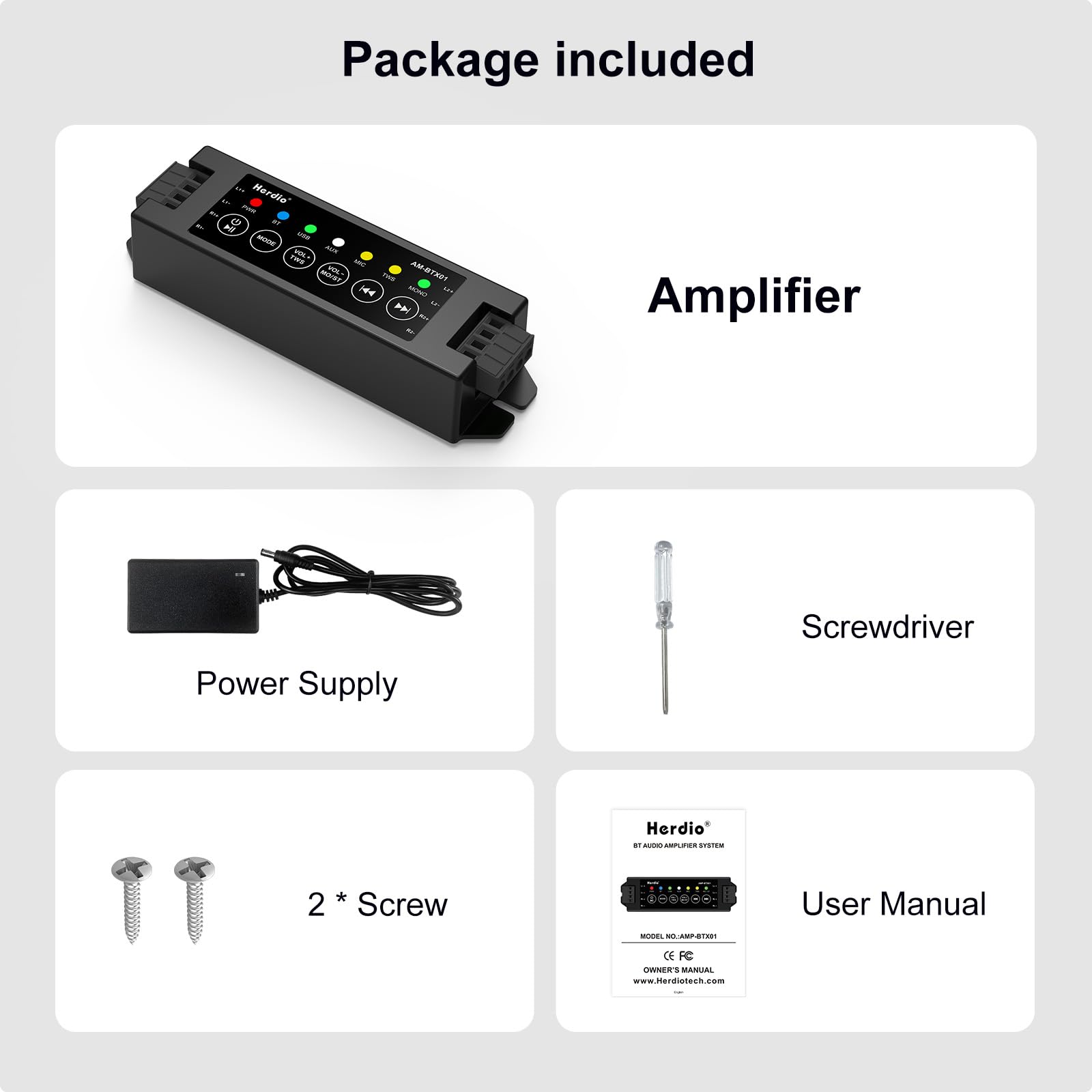 Herdio 4-kanałowy wzmacniacz Bluetooth 5,0 A, odbiornik 200 W, moc wyjściowa z zasilaczem AC-DC 19 V 3 A, montaż na ścianie, USB/MIC/AUX/TWS, do domu/garażu/sufitu/pasywnych głośników (40 W każdy