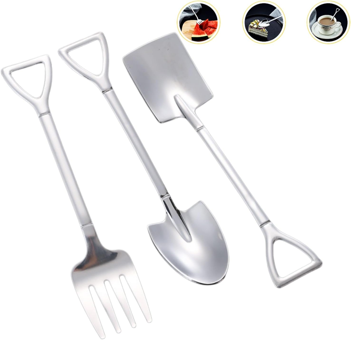 Shovel Spoon Fork Set, 3 Pieces Food Grade Stainless Steel Flatware Cutlery Set for Home, Kitchen and Restaurant - 1 Dinner Fork and 2 Teaspoons