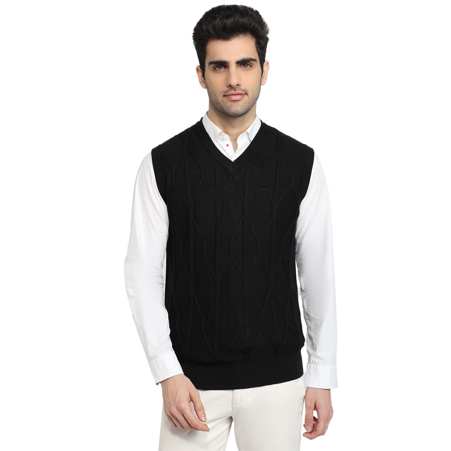 Men Regular Fit Structure Pattern Merino Wool Acrylic Blend Sleeveless V Neck Casual Sweater Black