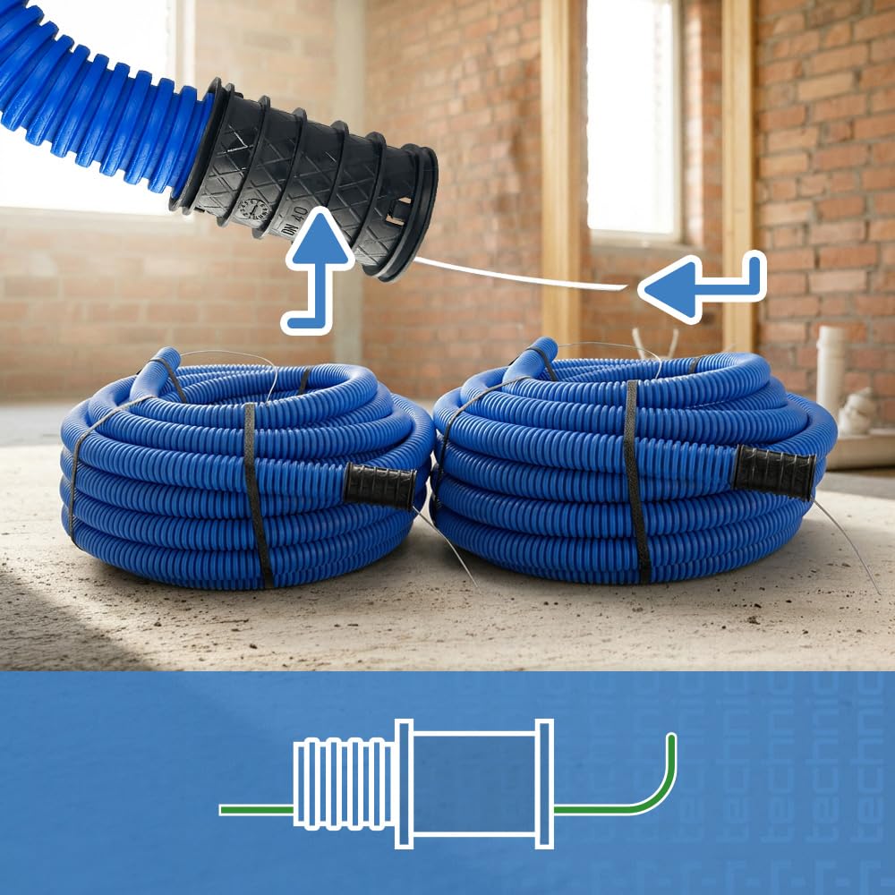 50 Metri -Tubo Corrugato Flessibile di Protezione Diametro 40mm (50 m) IP56 | Guaina Corrugata Doppia Parete con Sonda Passacavo per Interramento e Raccordo 450N Blu per Cavi - EDO Technic