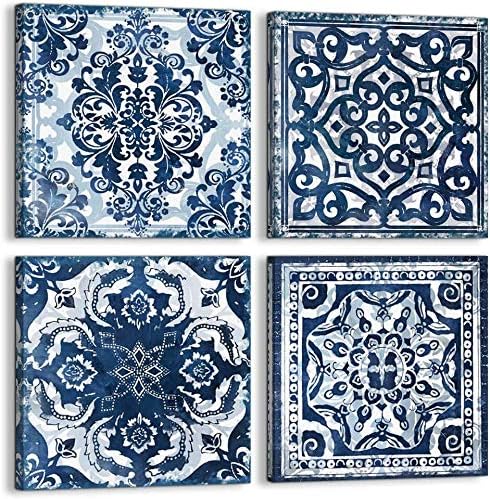 Mofutinpo - Decoración de dormitorio, lienzo índigo estampado de flores para colgar en pared, impresiones de cuadros abstractos modernos en azul