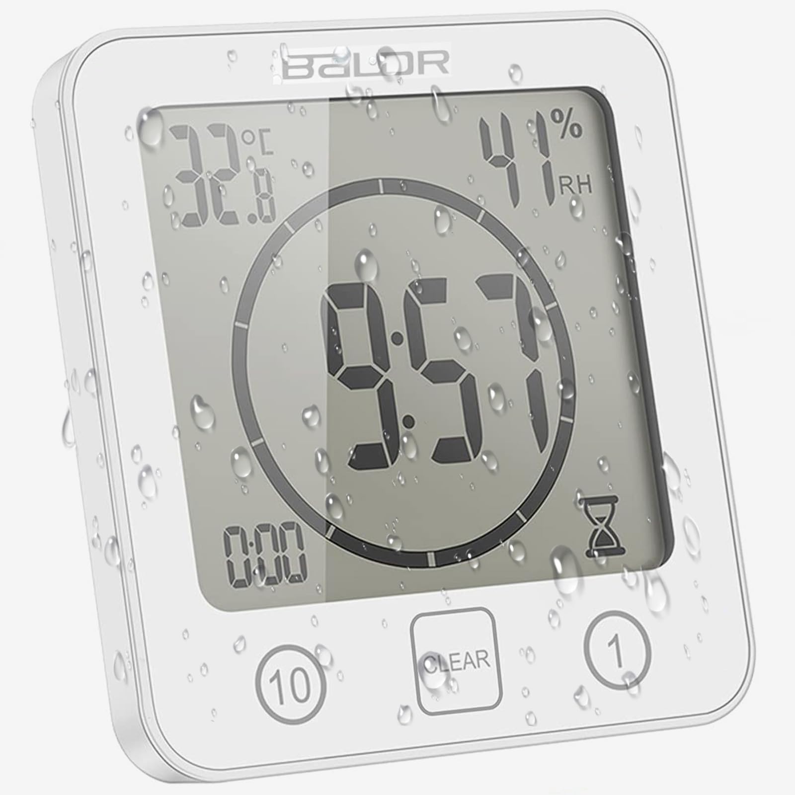 ZONJIE Reloj de baño – Reloj de ducha impermeable para baño, temporizador de ducha digital, reloj de baño con ventosa, indicador de temperatura y humedad, reloj de pared táctil para ducha (blanco)