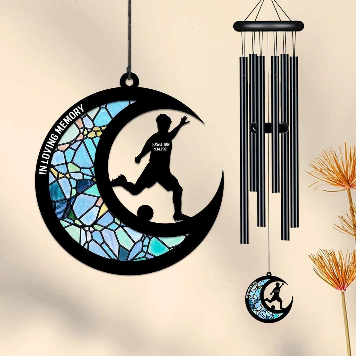 Personalized Wind Chime in Loving Memory of, Loss of Soccer, Memorial Suncatcher, Sympathy Wind Chime, Remembrance and Bereavement Wind Chimes for Loss of Loved one (Design 3)