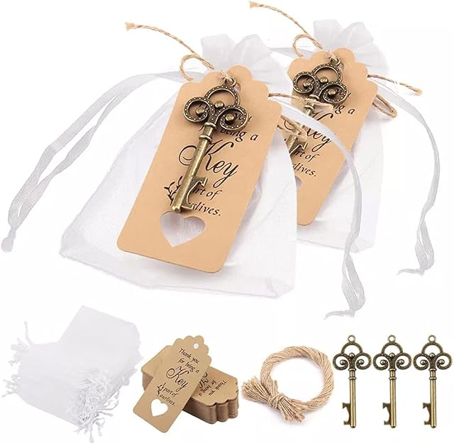 DXiongW Set of 24 Golden Wedding Favours Party Favours for Guests Vintage Key Bottle Openers with Organza Bag and Kraft Paper Tag Wedding Favours for Guests Bridal Shower Favours for Guests