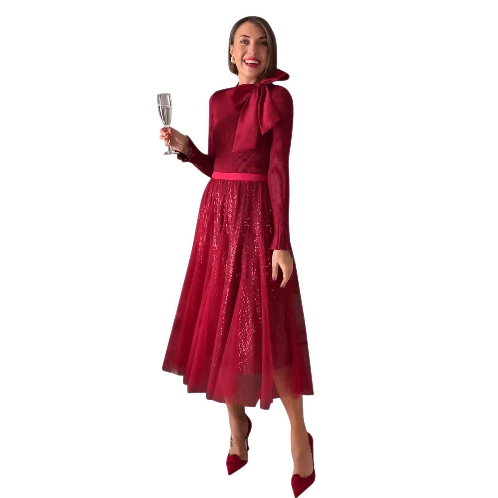 CHICWISH Pailletten-Tüllröcke, elastische Taille, Netzstoff, Midi-Urlaub, fließend, mehrlagig, rot