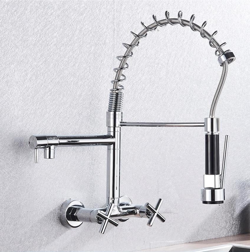 Robinet mural double bec avec ressort flexible pour vaisselle sans effort