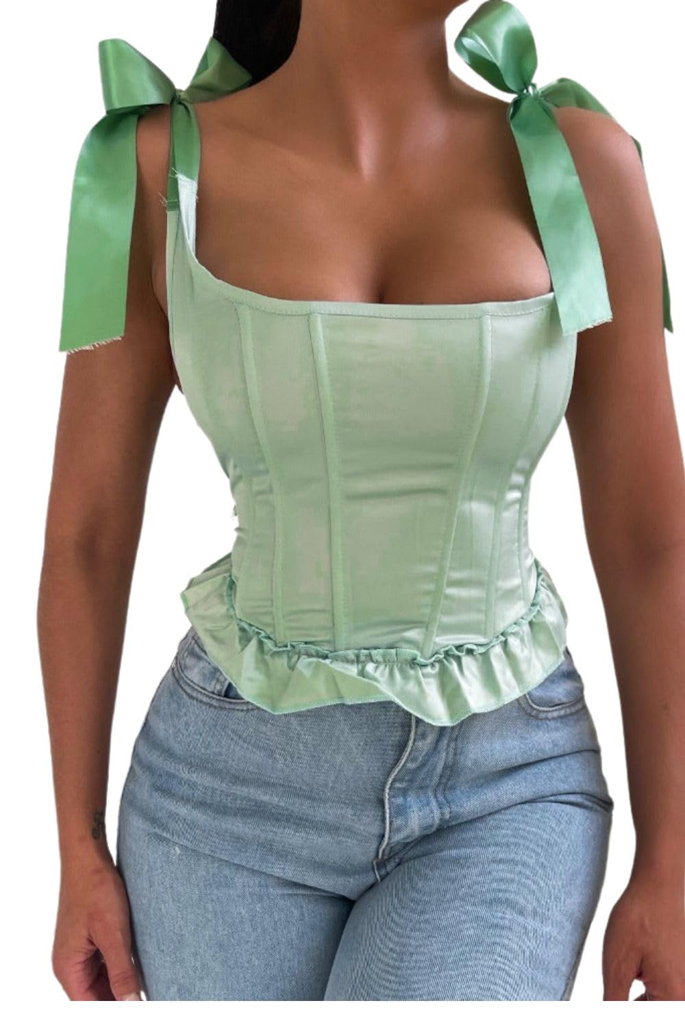 Femme Luxe Front Seam Ribbon Detail Corset Top - Lolita - sage - 10