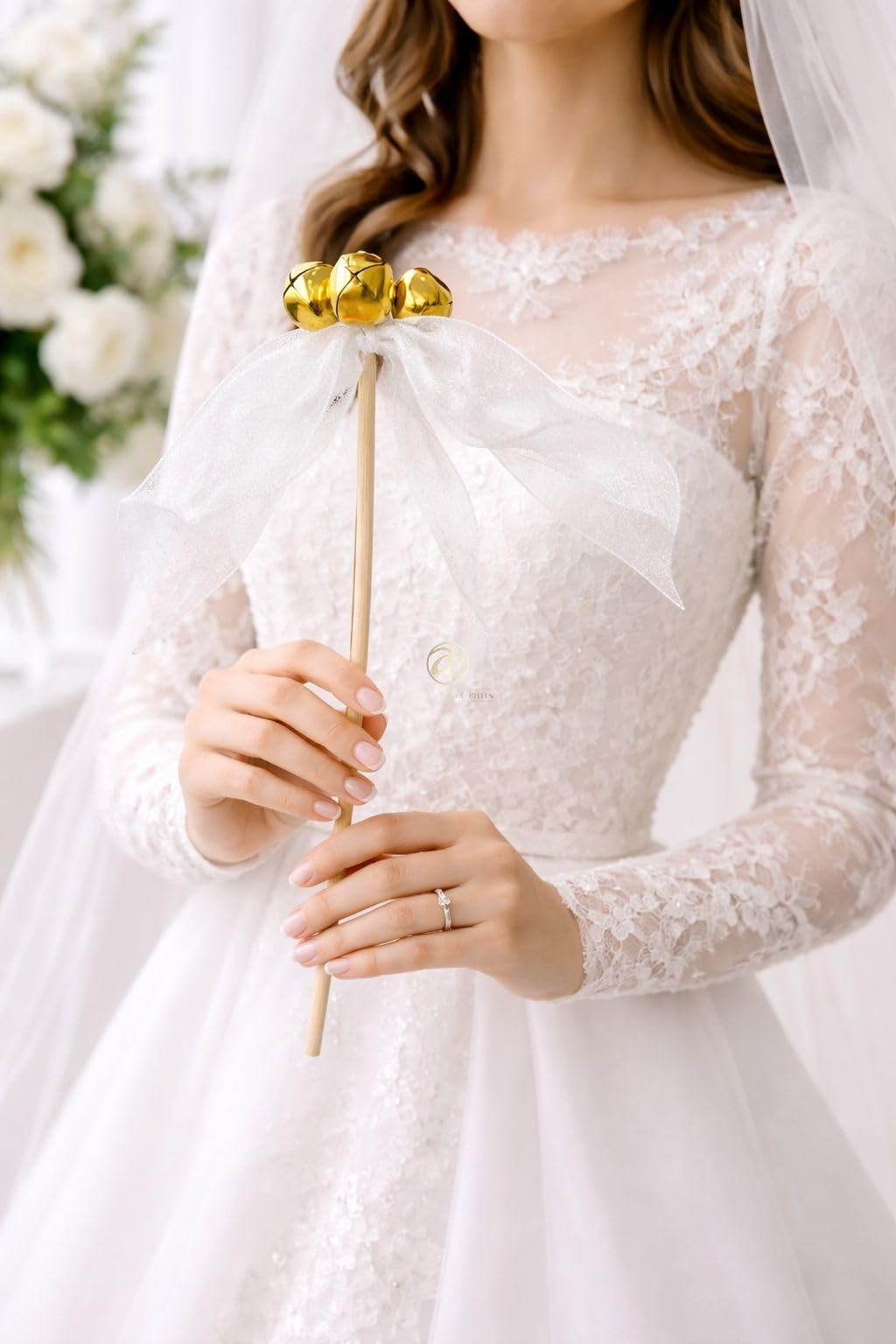 Arrakasta Crafts White Wedding Ghungroo Bell Sticks Set of 20 | Wooden Ribbon Wands for Bride Groom Entry, Sangeet Dance, Phera Ceremony & Baby Shower Decoration Props