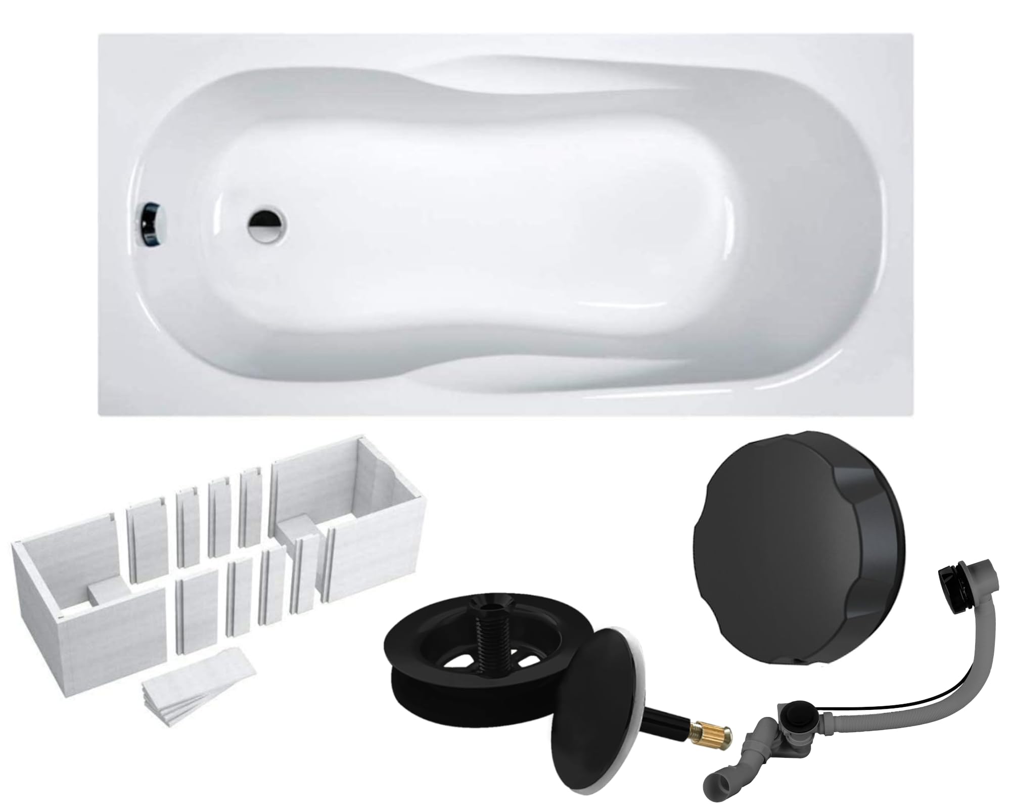 VBChome Bañera acrílica de 170 x 70 cm, color blanco con soporte de poliestireno y sifón negro, moderna, duradera y aislante del calor, perfecta para el baño