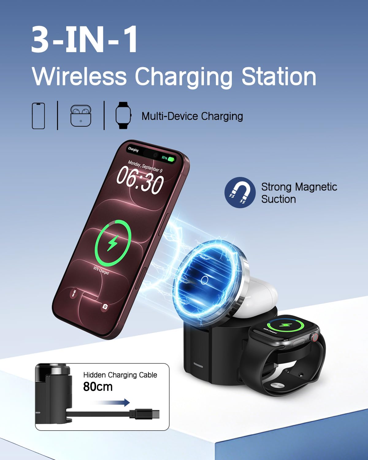 ORIA Stazione di Ricarica Wireless 3 in 1 Pieghevole Qi2