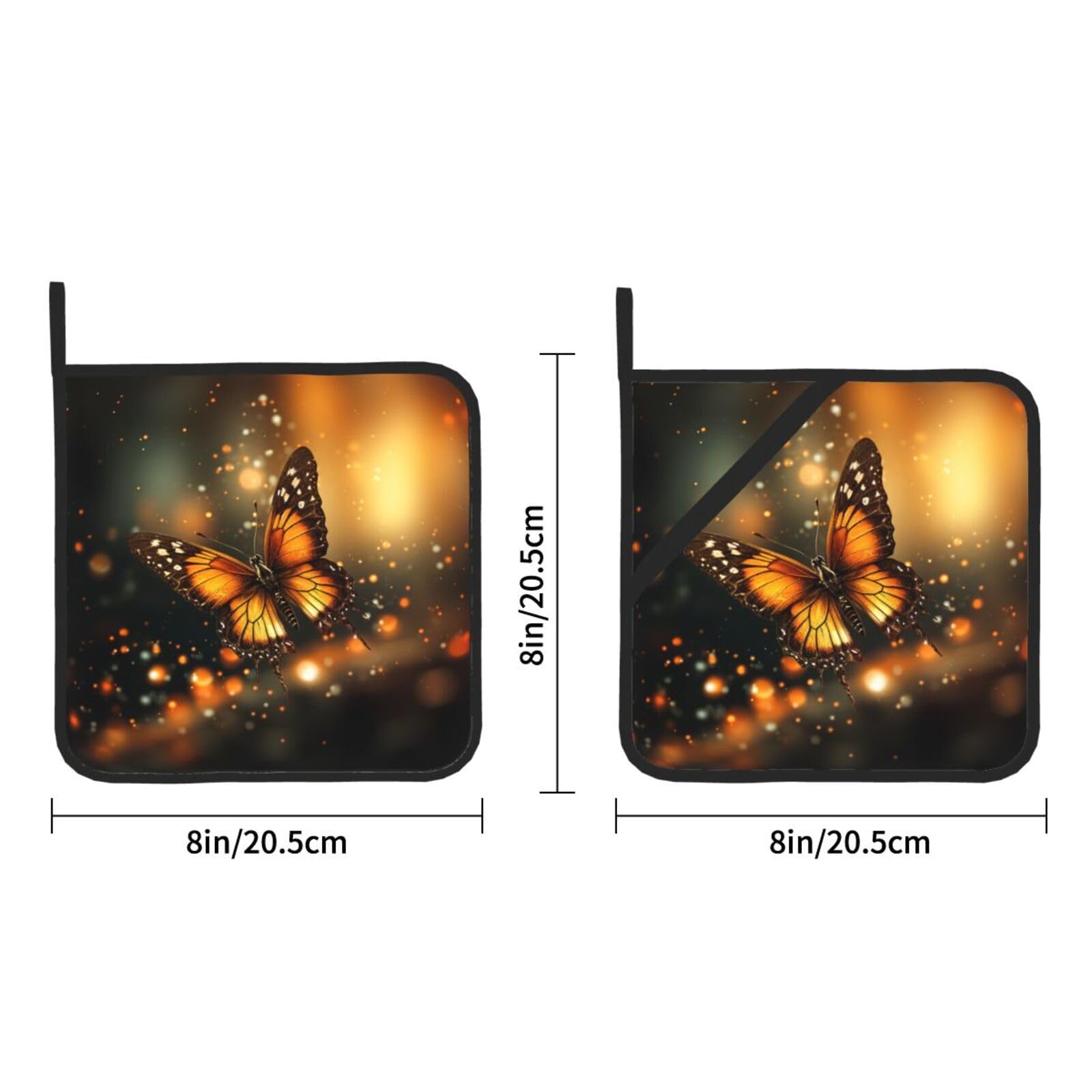 Orange Butterfly Print Pot Holders Set of 2 Kitchen Heat Resistant Potholder Non Slip Waterproof Hot Pads with Loop for Microwave BBQ Cooking Baking 8 x 8 Inch