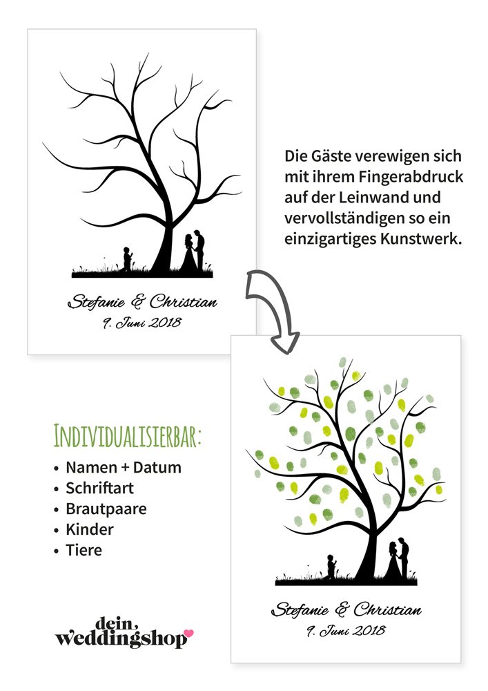 Wedding Tree – Leinwand zur Hochzeit – PERSONALISIERT – Fingerabdruckbaum, Gästebuch – Baum 1 (30 x 40 cm, Leinwand auf Keilrahmen)